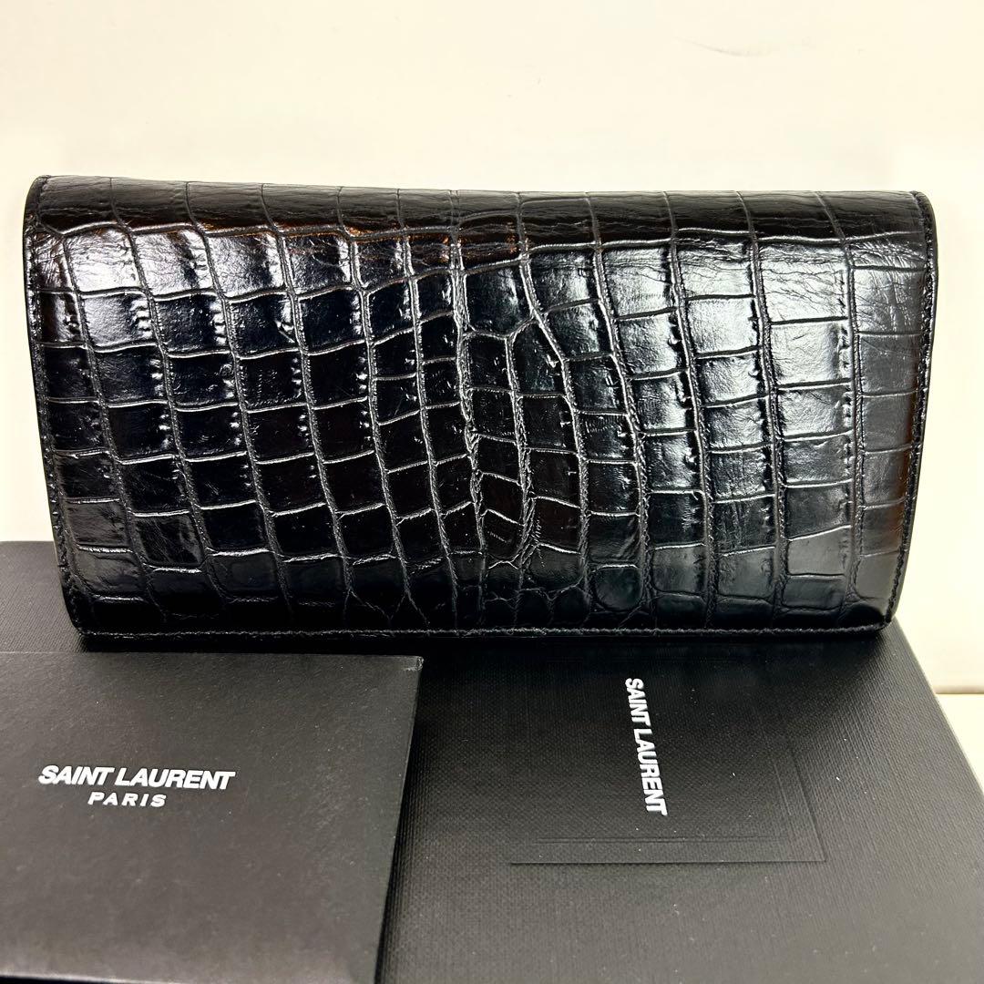 【たかえもん　付属品完備】サンローラン 長財布 黒 クロコ型押し レザー