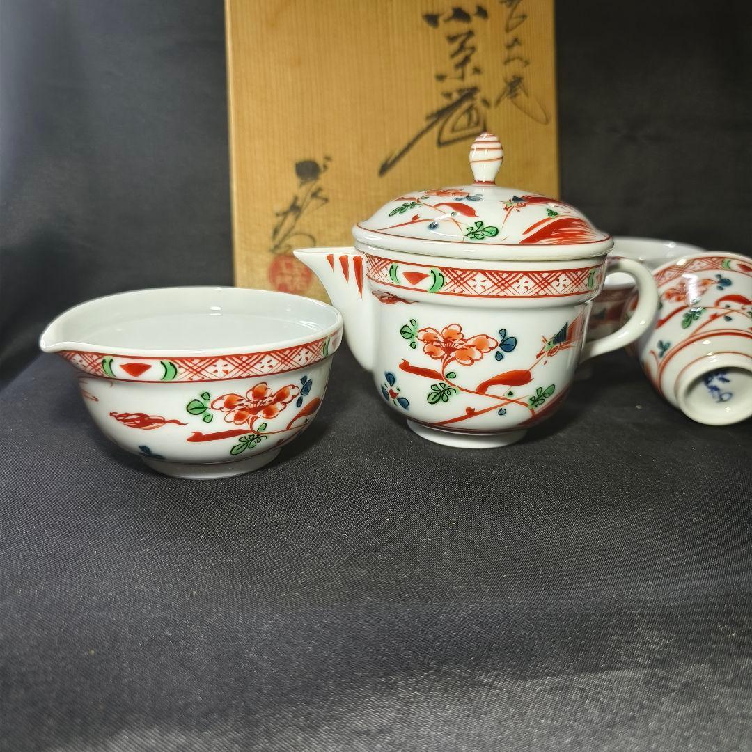 煎茶道具 小茶器 九谷焼 手描き赤絵花鳥文 作家物 二重蓋急須 共箱 中国茶器