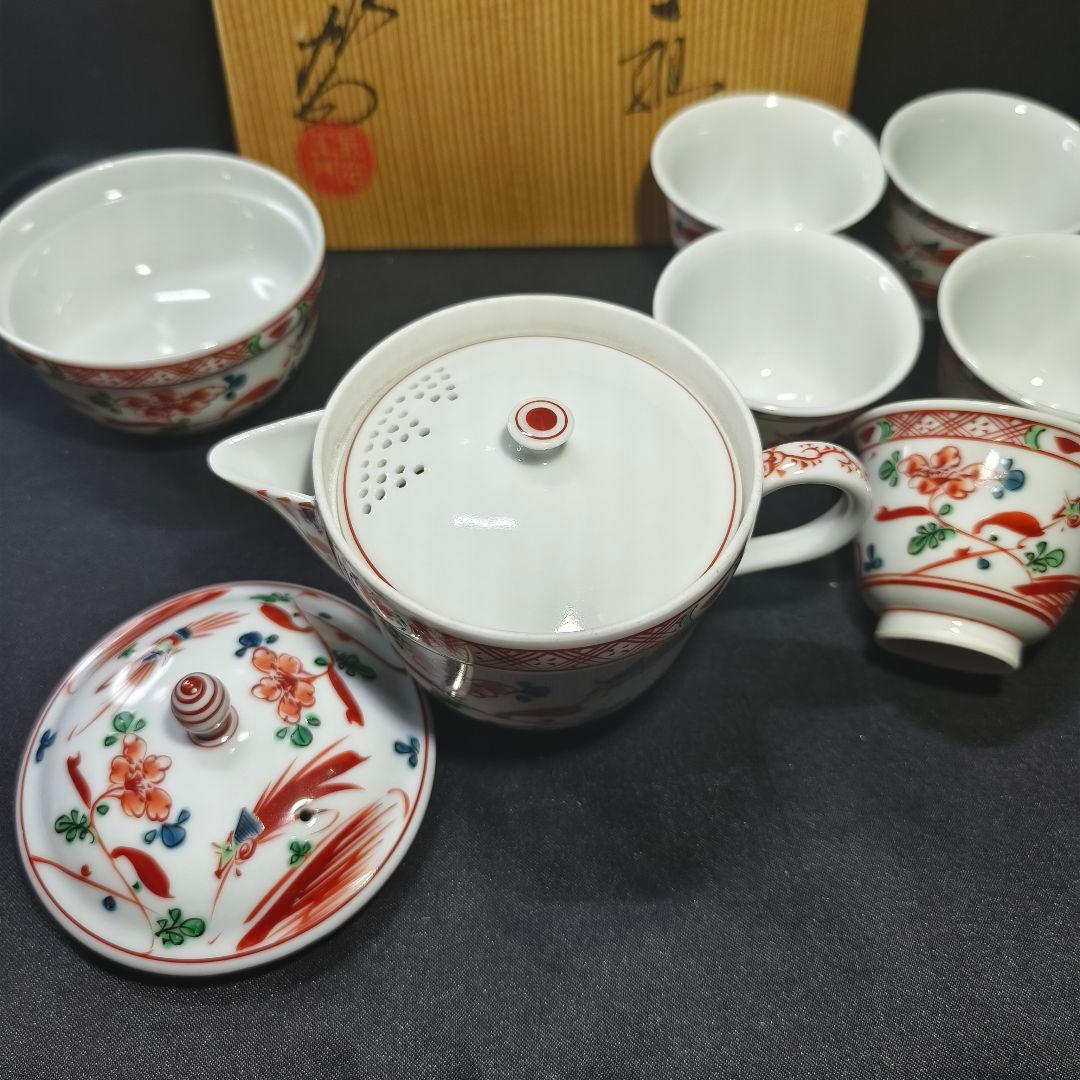 煎茶道具 小茶器 九谷焼 手描き赤絵花鳥文 作家物 二重蓋急須 共箱 中国茶器