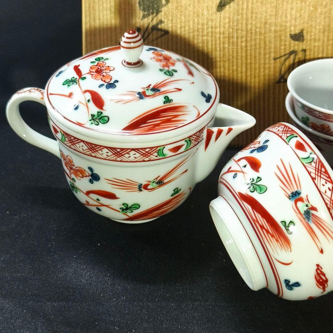 煎茶道具 小茶器 九谷焼 手描き赤絵花鳥文 作家物 二重蓋急須 共箱 中国茶器