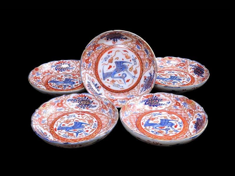 古伊万里　金襴手　鶴に七宝紋の図　4寸皿　5枚　D048AS-DAr