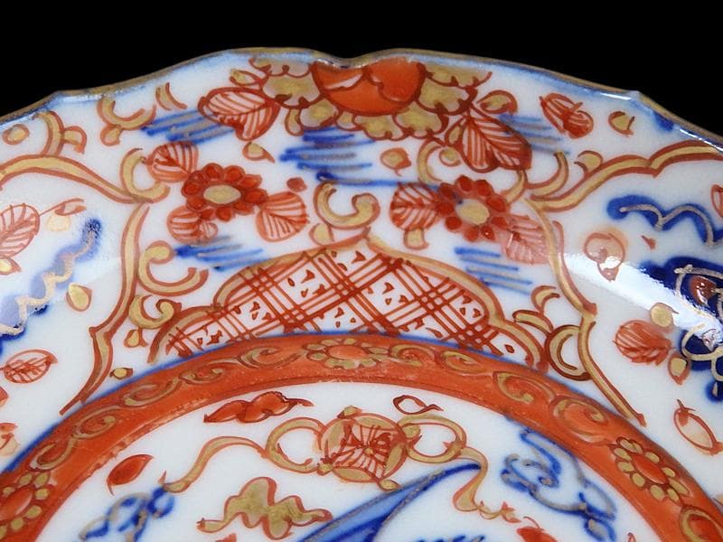 古伊万里　金襴手　鶴に七宝紋の図　4寸皿　5枚　D048AS-DAr