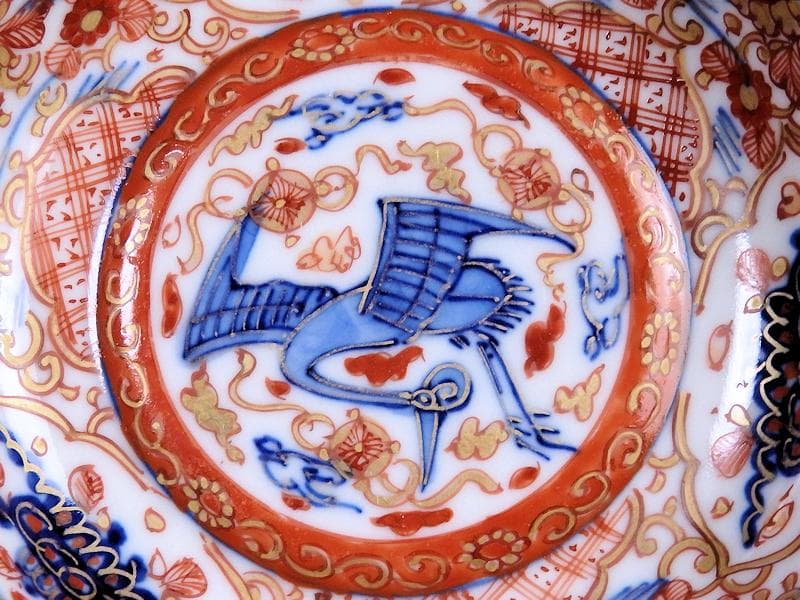 古伊万里　金襴手　鶴に七宝紋の図　4寸皿　5枚　D048AS-DAr