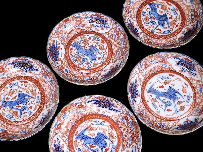 古伊万里　金襴手　鶴に七宝紋の図　4寸皿　5枚　D048AS-DAr