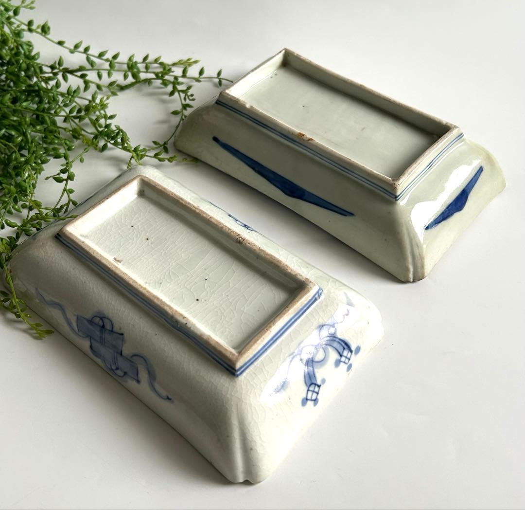 古伊万里　風景 色絵　染錦　角皿 2枚セット