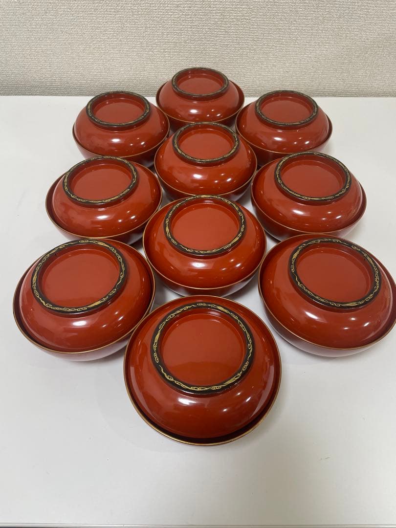 漆器 朱色 椀 10客 金縁 黒縁 輪島塗 吸物椀 蓋付 無地 金彩模様