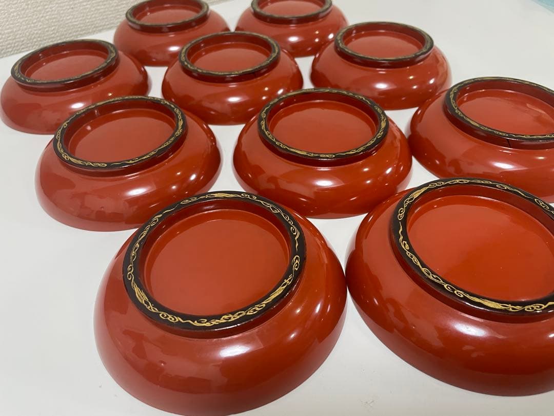 漆器 朱色 椀 10客 金縁 黒縁 輪島塗 吸物椀 蓋付 無地 金彩模様