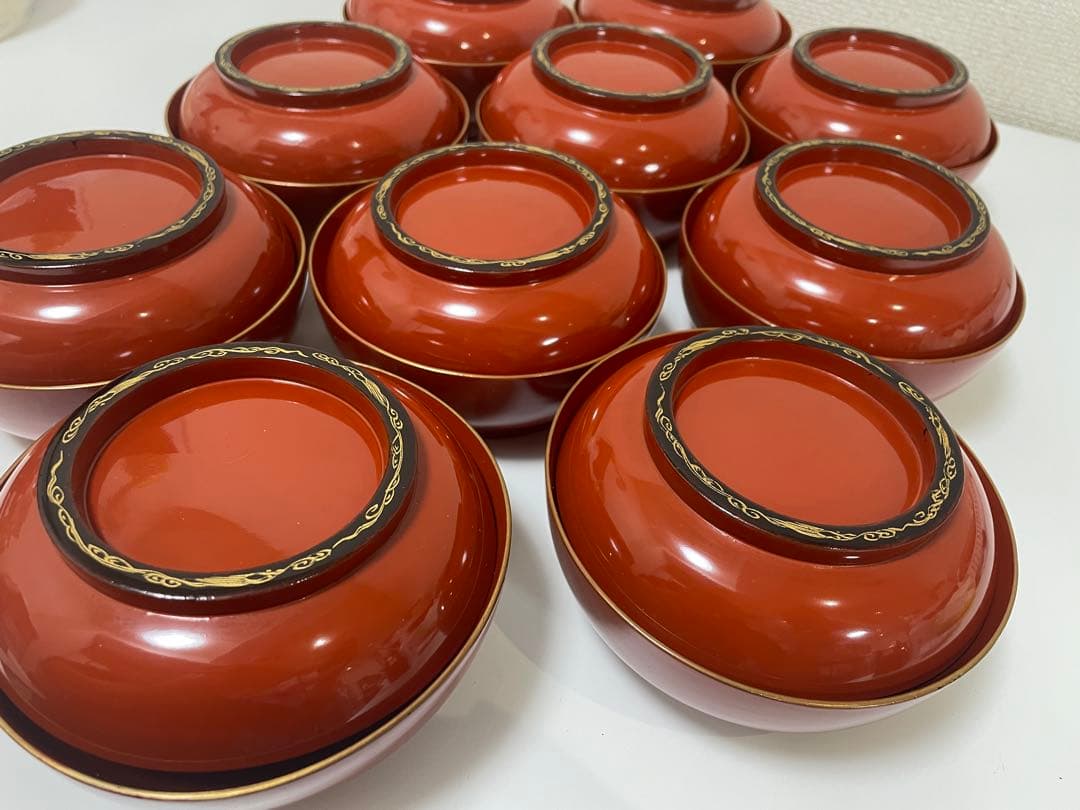 漆器 朱色 椀 10客 金縁 黒縁 輪島塗 吸物椀 蓋付 無地 金彩模様