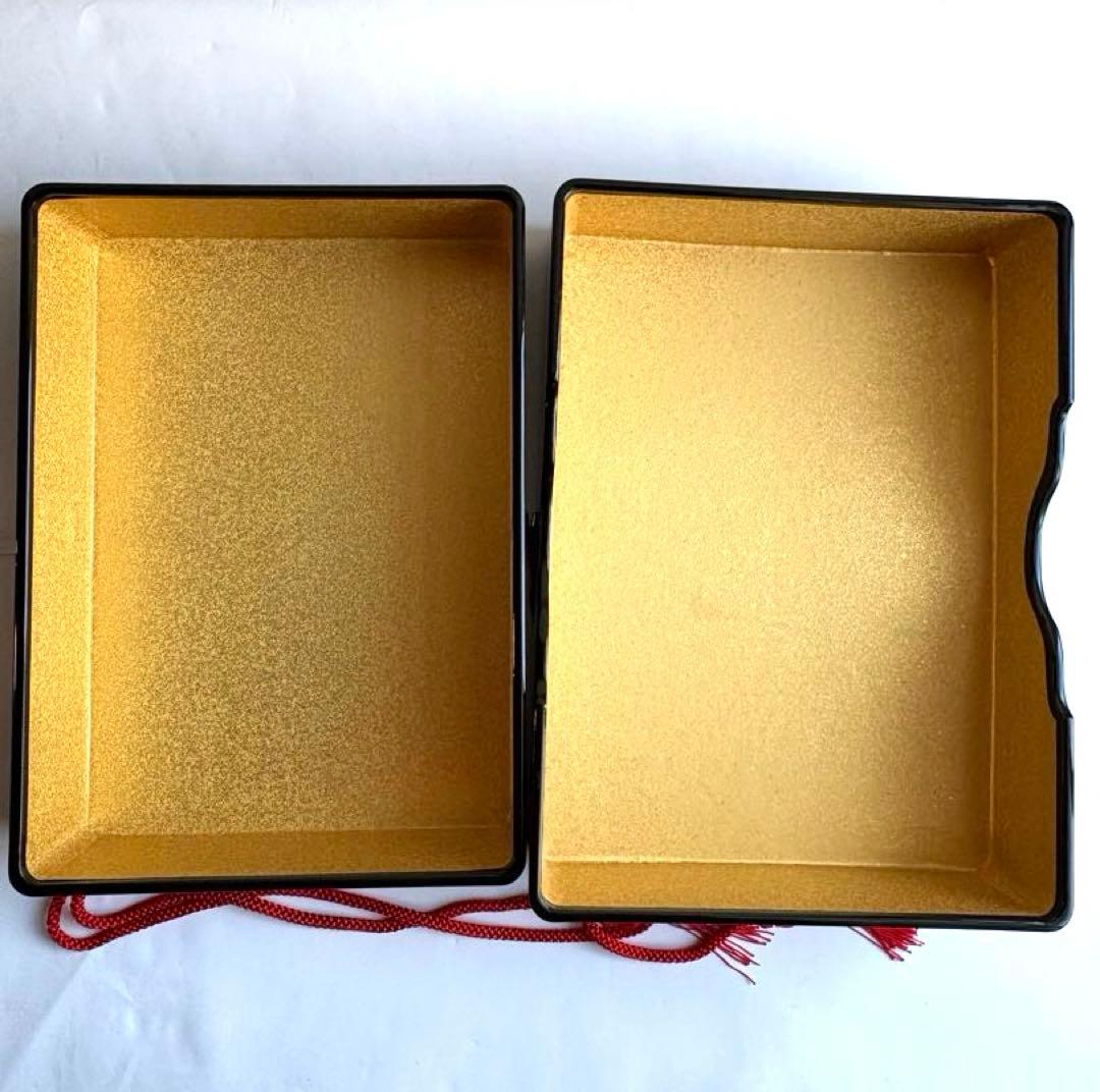 清仙作 黒塗り沈金文箱 牡丹孔雀柄 未使用に近い 箱・布付き和室 書道 茶道