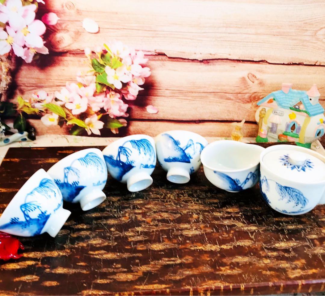 京焼染付寶瓶/ 湯冷/茶碗6点揃い　田能村直入 / 画 | 明治-19世紀頃