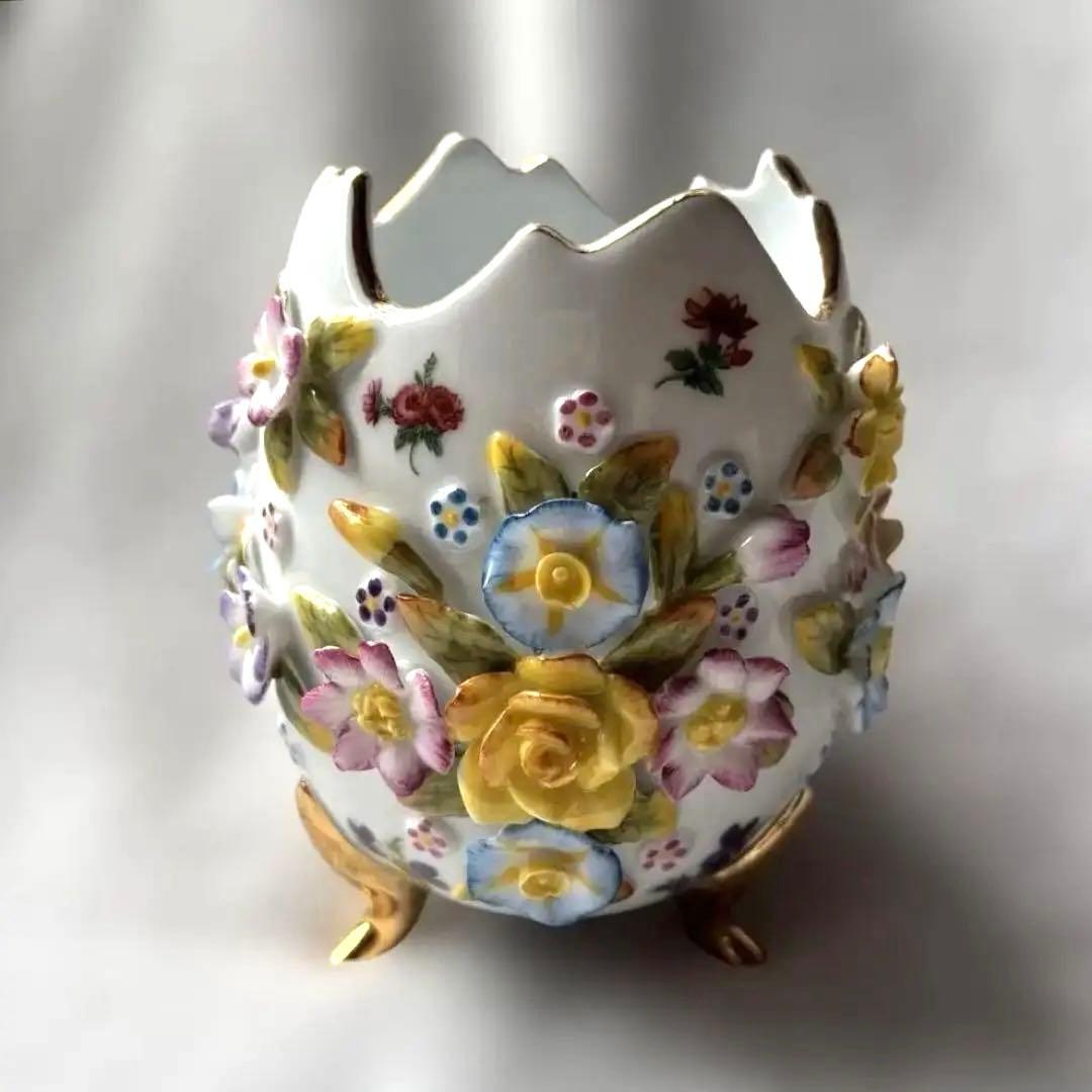 ドイツ ドレスデン風 陶器 花装飾 卵型 花器 金彩 脚付き ヴィンテージ