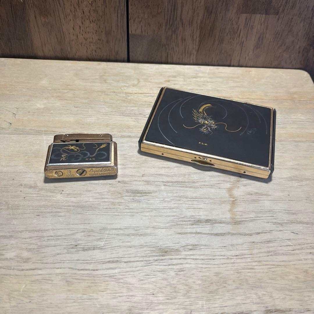 【アンティーク】純金象嵌 シガレットケース ライター K24 龍 古道具 古民具