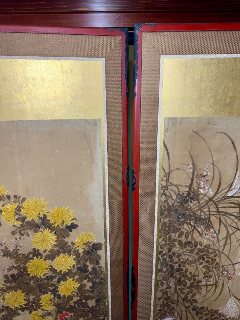 明治後期 六曲 一 双屏風 金沢金箔 猫犬絵