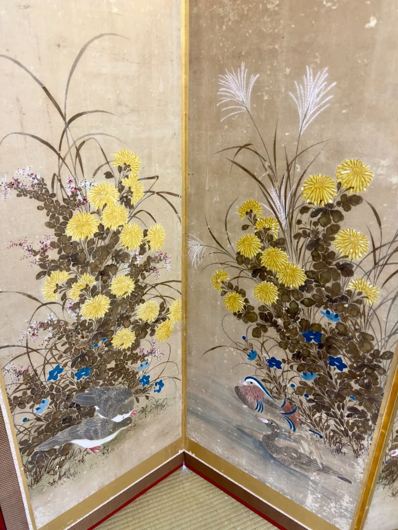 明治後期 六曲 一 双屏風 金沢金箔 猫犬絵