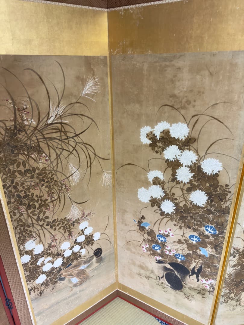 明治後期 六曲 一 双屏風 金沢金箔 猫犬絵