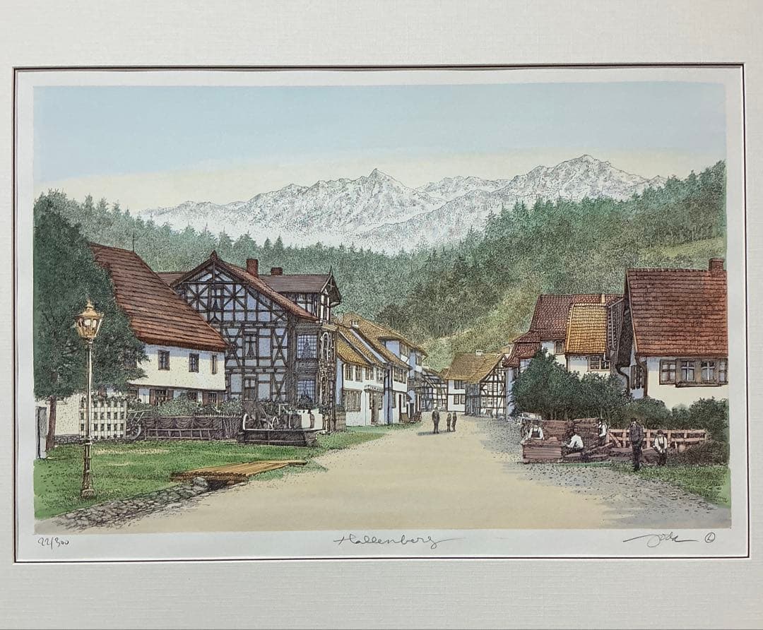 絵画、版画、リトグラフ、織田義郎、ドイツ、ハレンベルク、木組の家、街並み、風景画