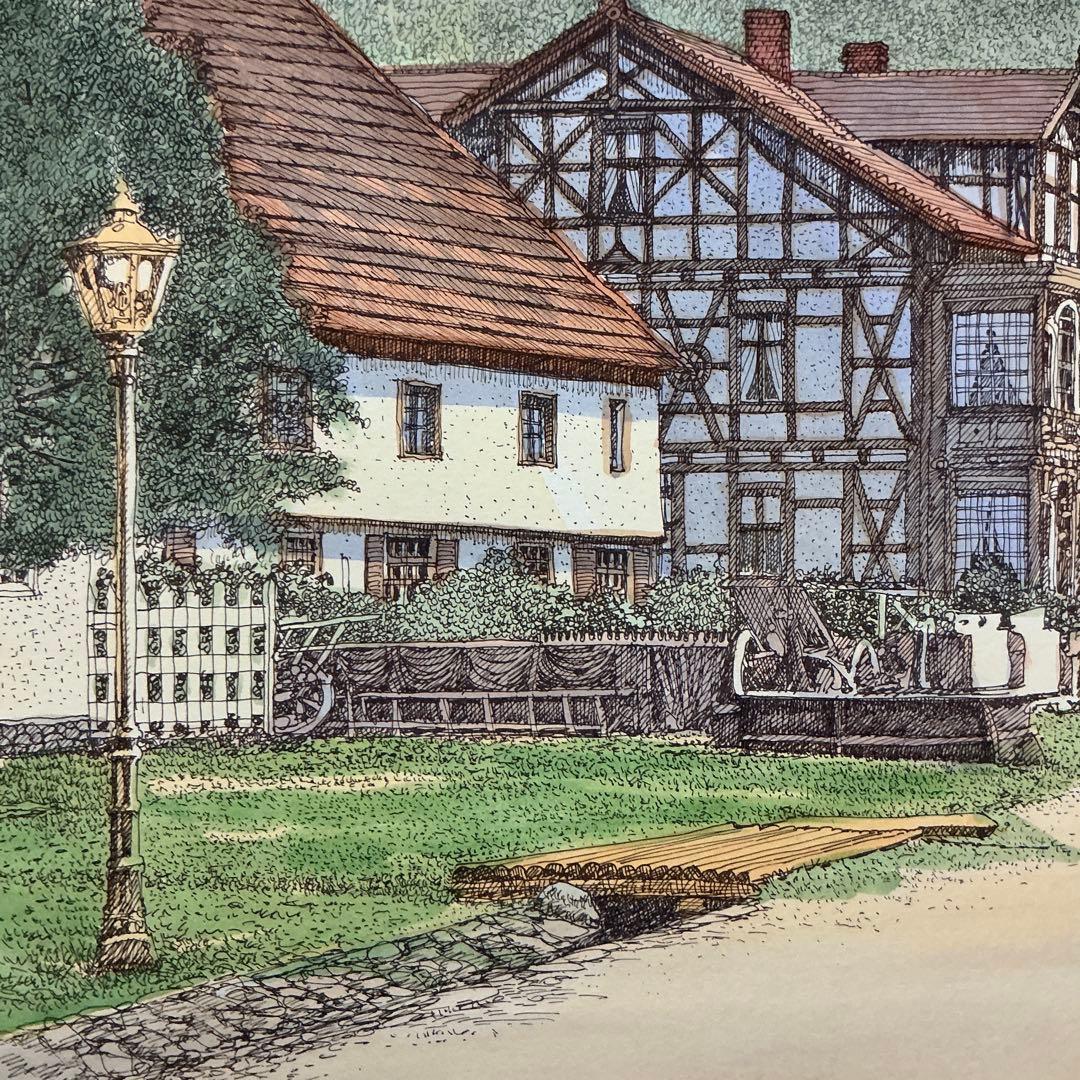 絵画、版画、リトグラフ、織田義郎、ドイツ、ハレンベルク、木組の家、街並み、風景画