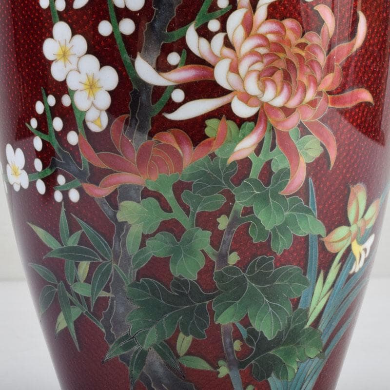 七宝焼　赤透釉　四君子文　花瓶　唐木台付　共箱　V　9132