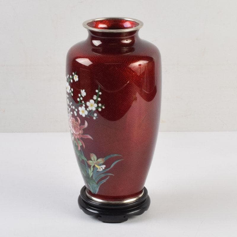 七宝焼　赤透釉　四君子文　花瓶　唐木台付　共箱　V　9132