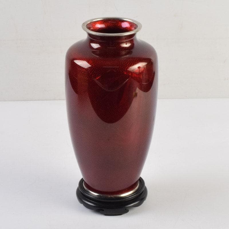 七宝焼　赤透釉　四君子文　花瓶　唐木台付　共箱　V　9132