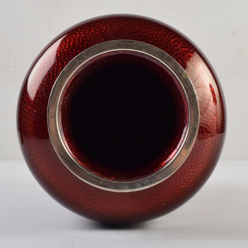 七宝焼　赤透釉　四君子文　花瓶　唐木台付　共箱　V　9132