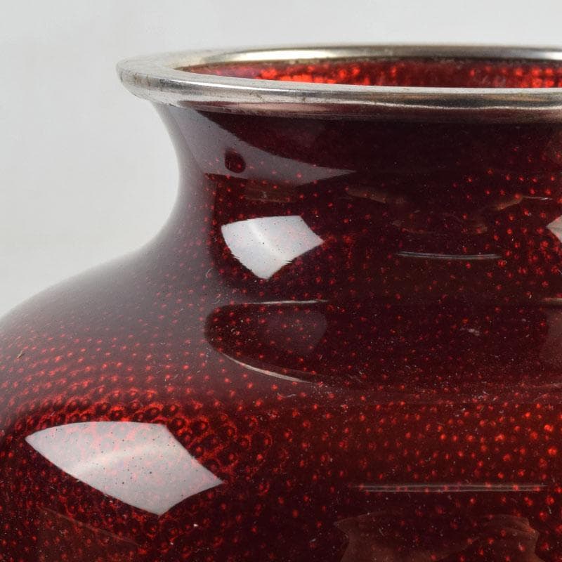 七宝焼　赤透釉　四君子文　花瓶　唐木台付　共箱　V　9132