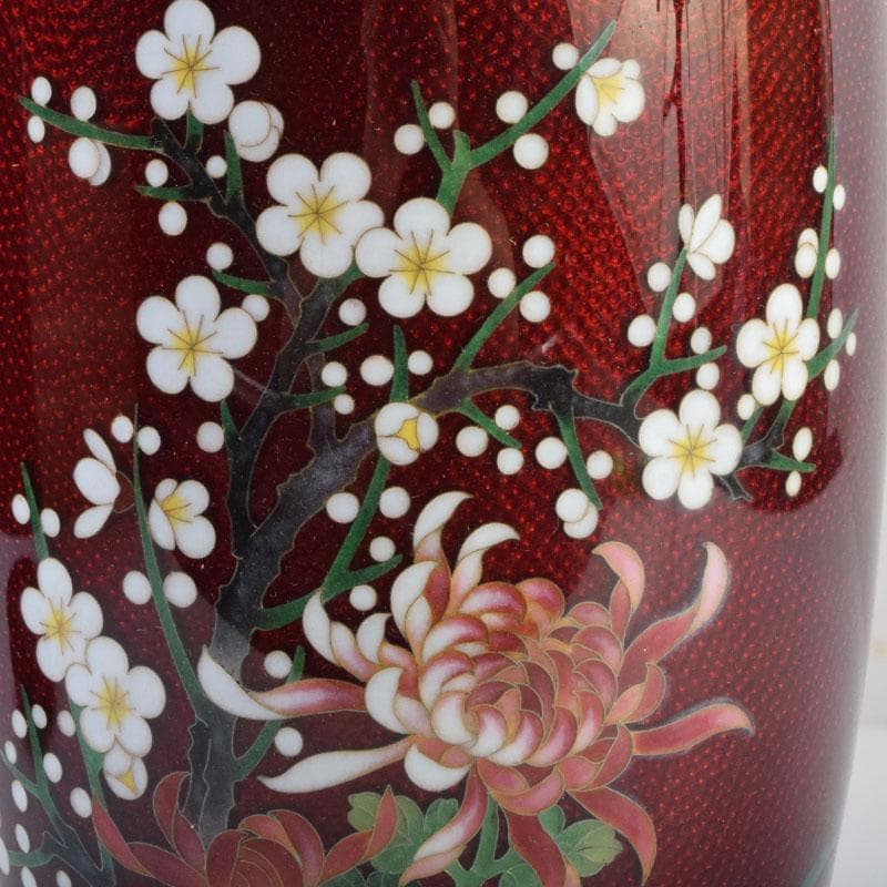 七宝焼　赤透釉　四君子文　花瓶　唐木台付　共箱　V　9132