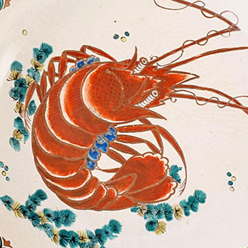 九谷焼　古九谷　色絵　海老文　大皿　飾皿　直径約36㎝　時代箱付　VR8142C