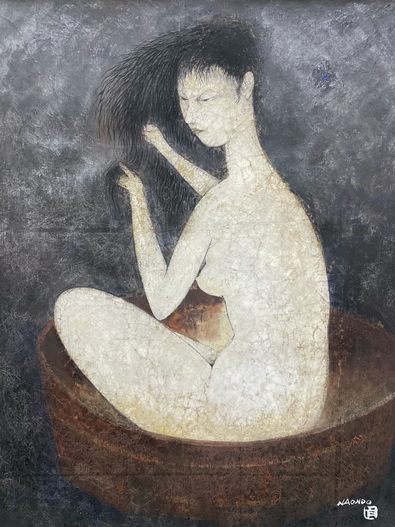 中村直人『髪を梳く図(裸婦)』F15 原画 ガッシュ 作家直筆サイン入り 額装