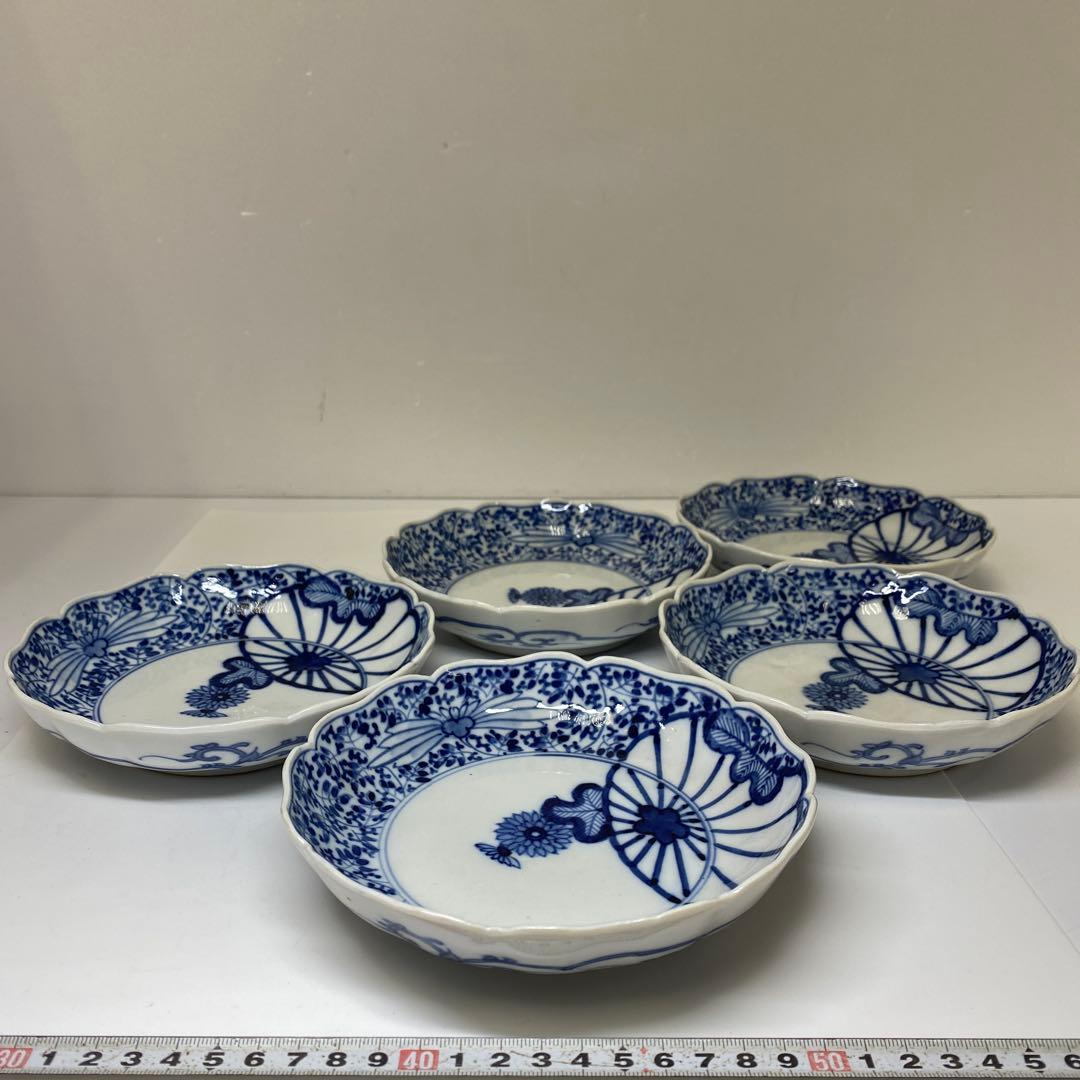 古伊万里　渦福　花唐草膾皿5枚　幅約16㎝　東Y7-0204☆2Fタサオ