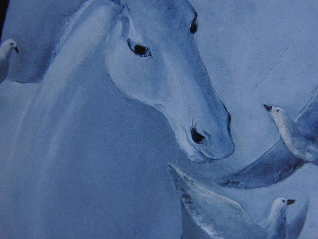 栗林今朝男、【白馬に幸あれ】、希少な額装用画集より、新品額装付