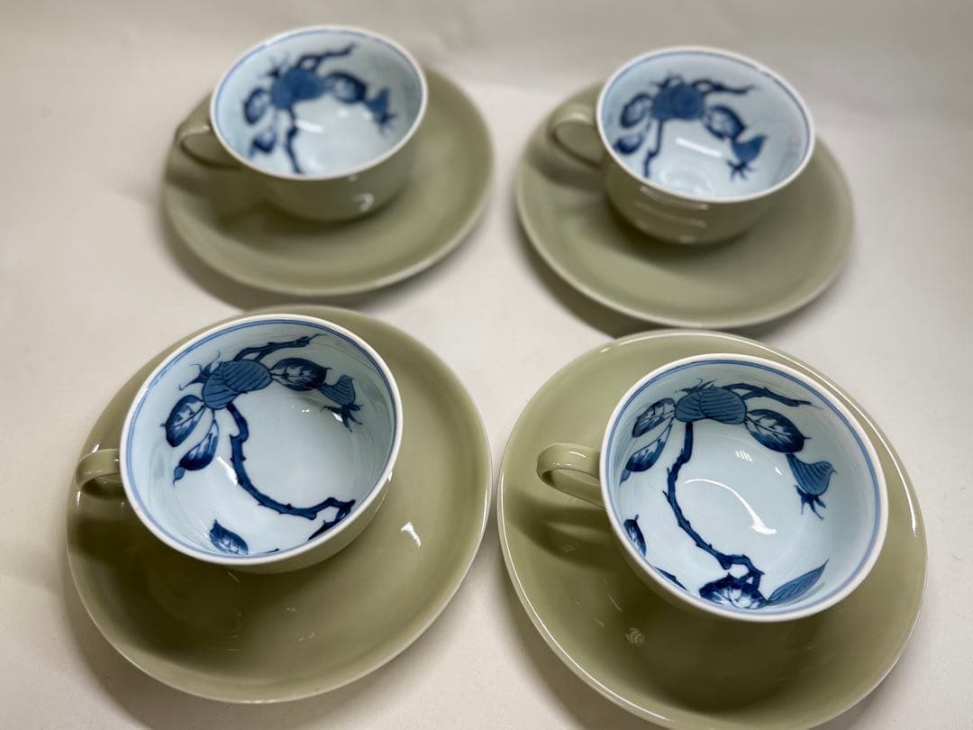 N 源右衛門 ティーカップ＆ソーサー4客陶芸家 青磁木の葉図 有田焼窯