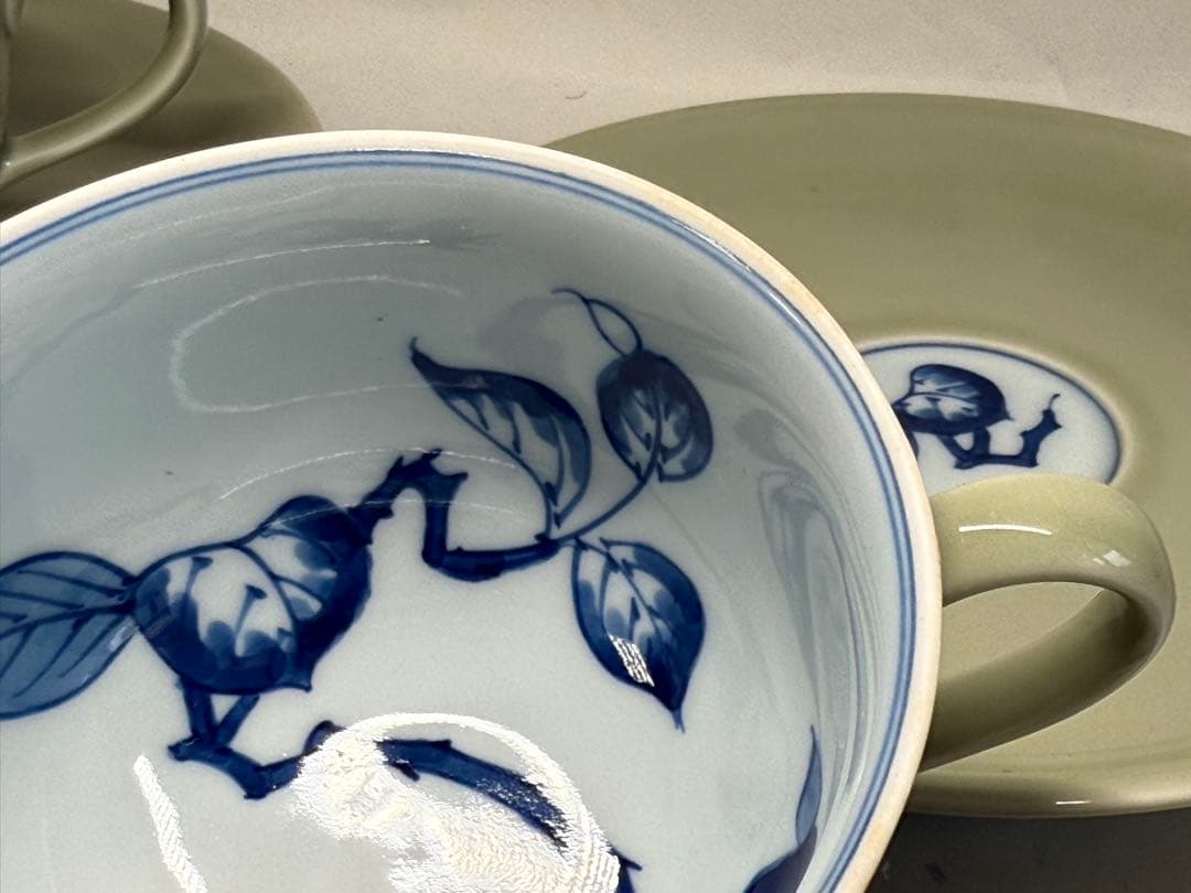 N 源右衛門 ティーカップ＆ソーサー4客陶芸家 青磁木の葉図 有田焼窯