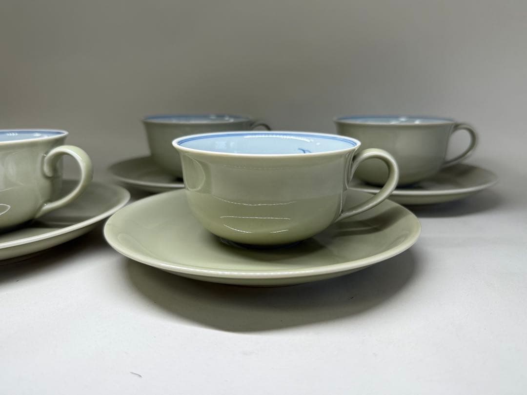 N 源右衛門 ティーカップ＆ソーサー4客陶芸家 青磁木の葉図 有田焼窯