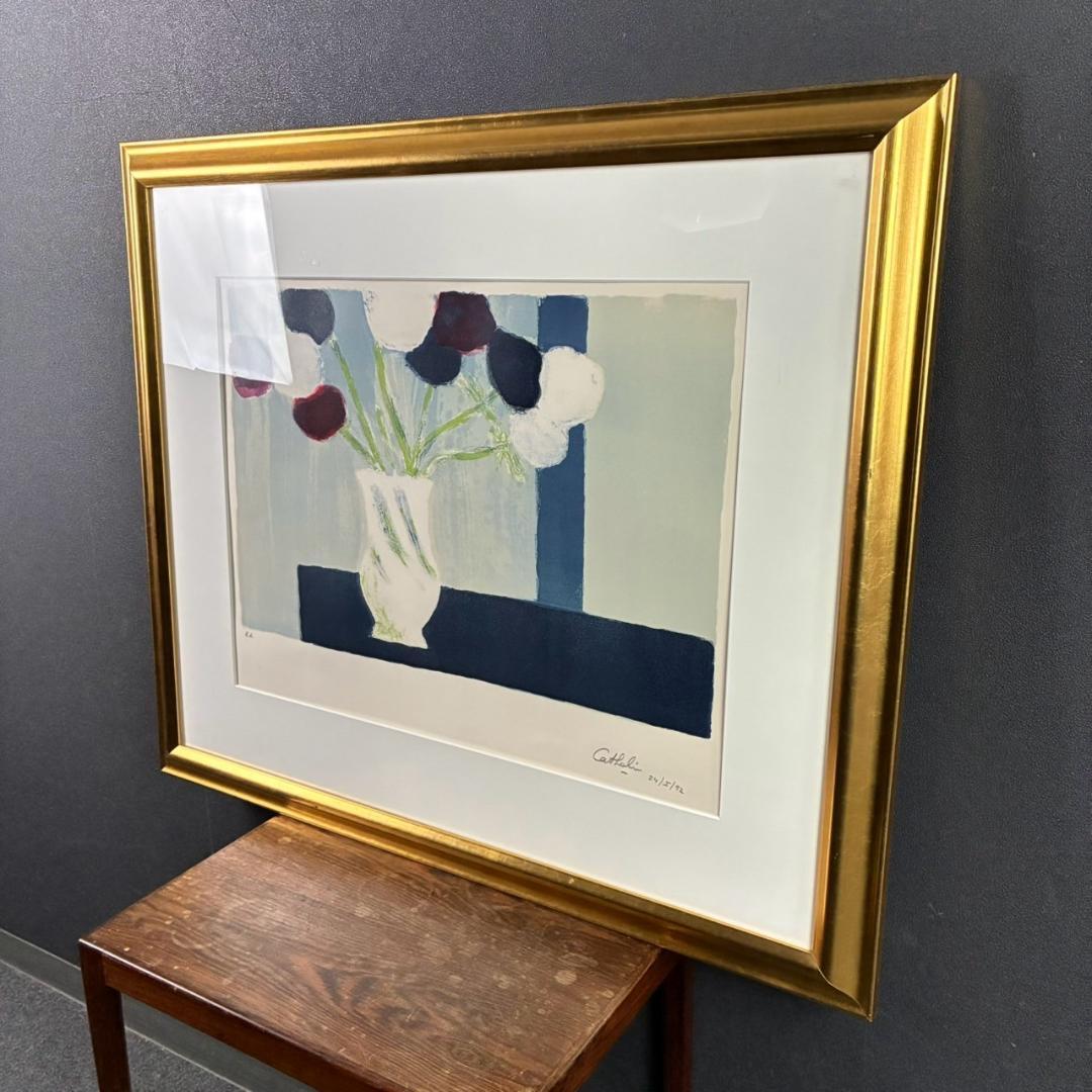 ベルナール・カトラン「青い背景のアネモネ」リトグラフ 直筆サイン入り 1992年