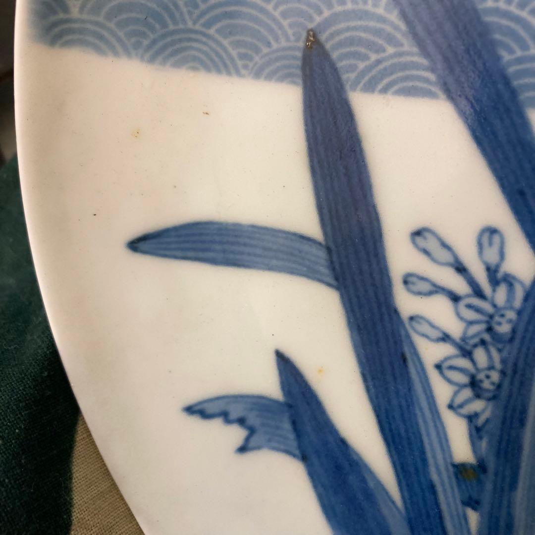 藍鍋島 染付 青海波水仙 皿 骨董 ヴィンテージ　水仙皿①
