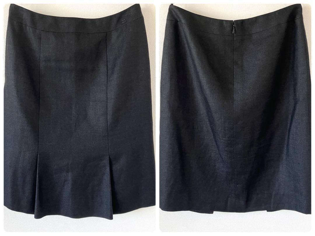 シャネル 05C リネンカシミヤ ココマーク膝丈スカート 38 チャコールグレー