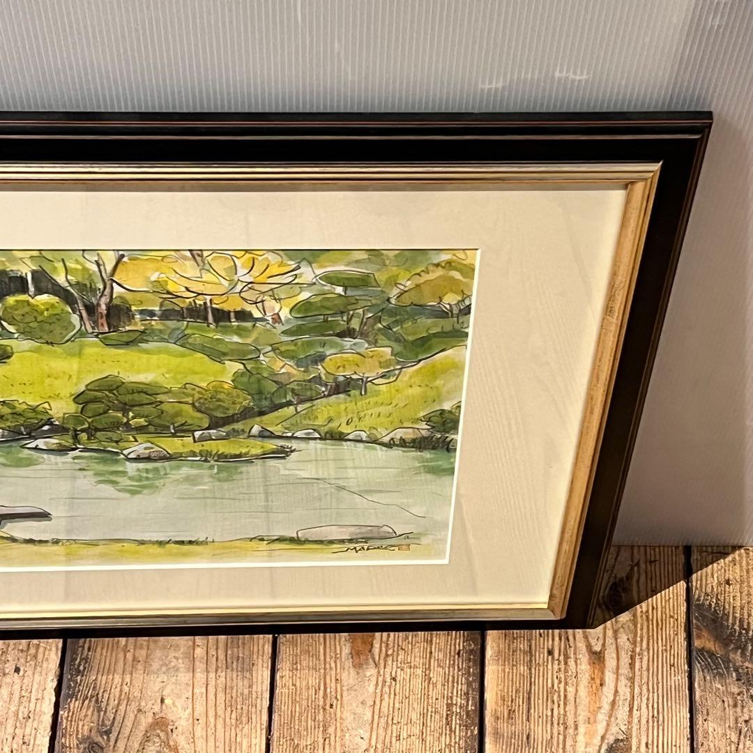 透明水彩画　日本庭園　MARUO 額縁入り　緑　園庭　インテリア　希少