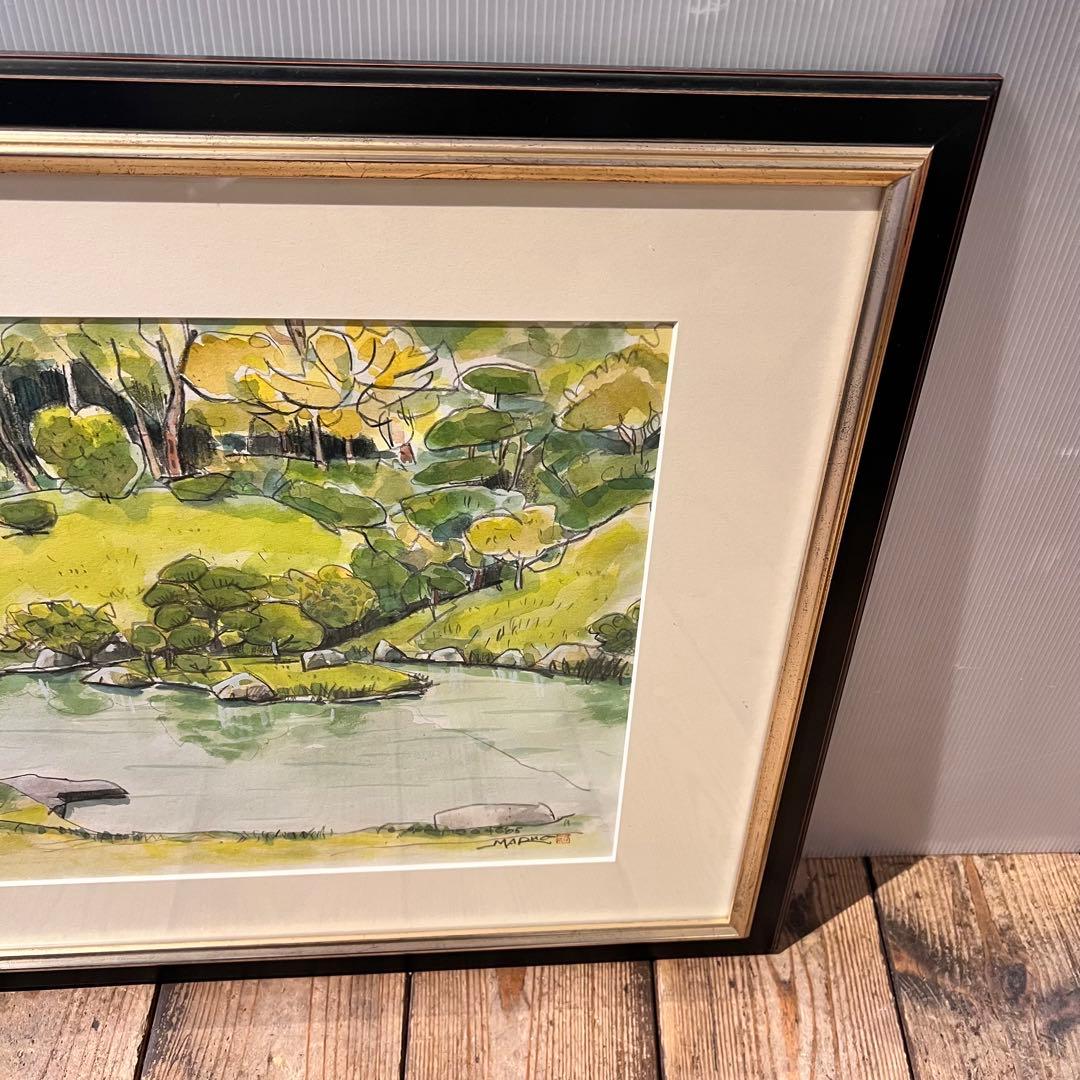 透明水彩画　日本庭園　MARUO 額縁入り　緑　園庭　インテリア　希少