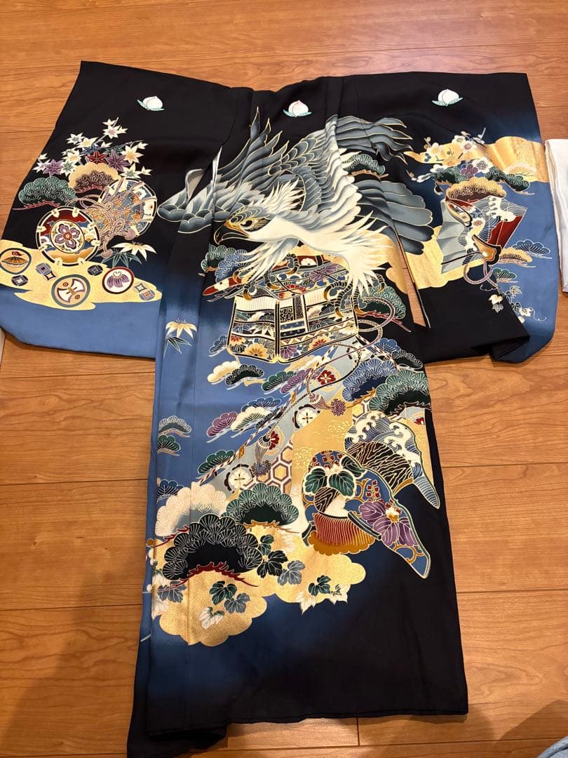 総絞り被布セット　七五三　3歳　男の子　一式　鷹　黒系　正絹