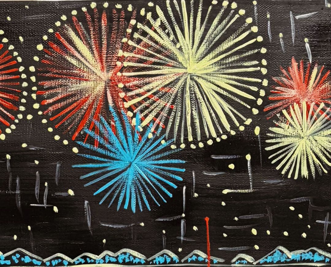 【F4号】手描き油彩　山下清 長岡の花火　サイン　落款　共シール　額縁　代表作