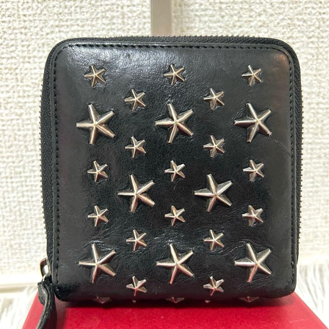 【美品✨スタッズ/コンパクトウォレット】ジミーチュウ　折り財布　レザー　ブラック