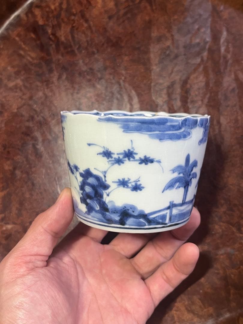 古伊万里　蕎麦猪口　賢人　仙人　人物　蘇轍　印判　宝珠　軍配　団扇　経巻　宝巻