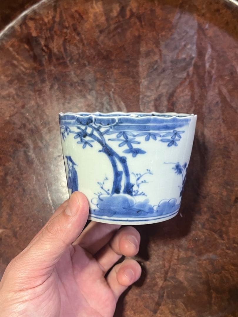 古伊万里　蕎麦猪口　賢人　仙人　人物　蘇轍　印判　宝珠　軍配　団扇　経巻　宝巻