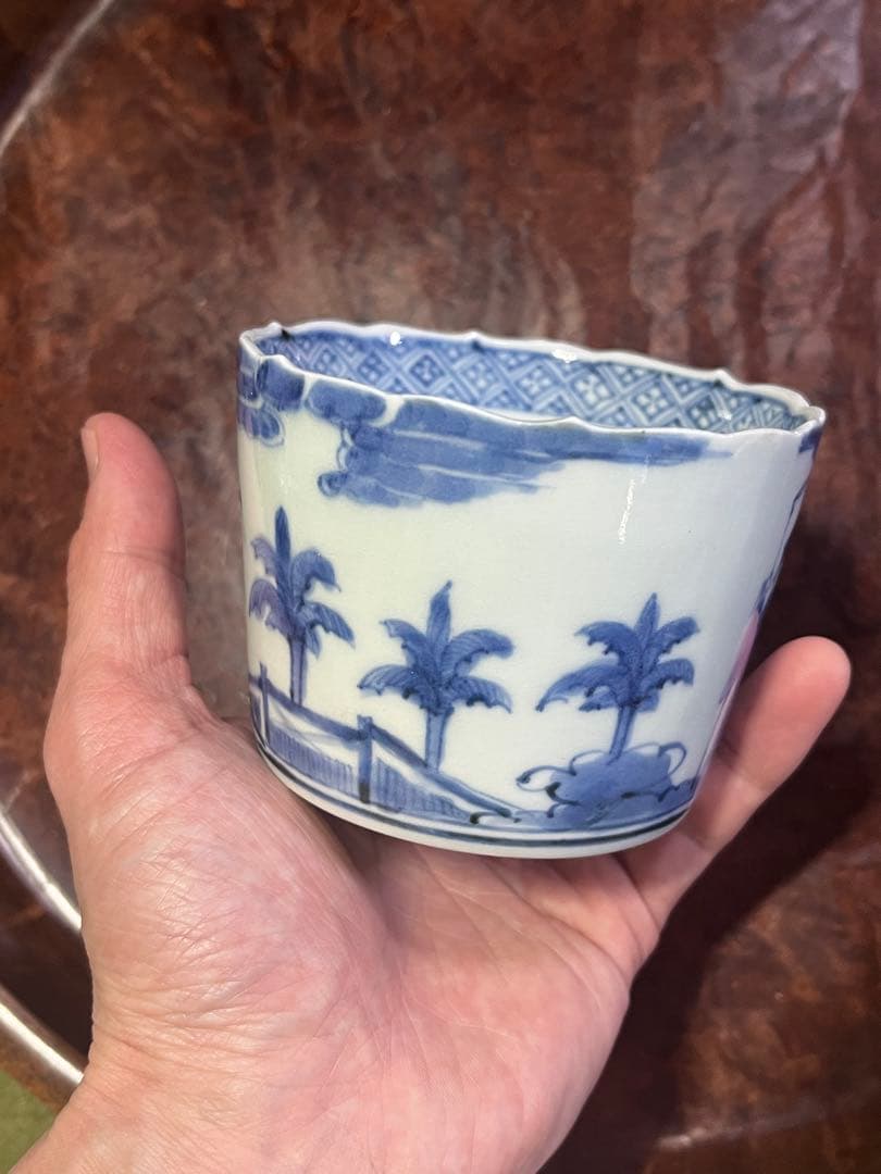 古伊万里　蕎麦猪口　賢人　仙人　人物　蘇轍　印判　宝珠　軍配　団扇　経巻　宝巻