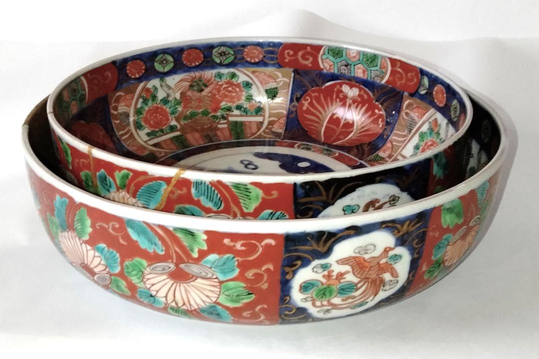 陶器 大深鉢(大) 荒波に獅子・牡丹・鳳凰 色絵 二重鉢揃い Ab-318