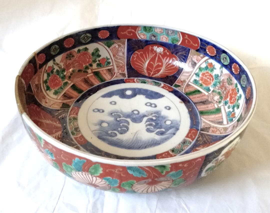 陶器 大深鉢(大) 荒波に獅子・牡丹・鳳凰 色絵 二重鉢揃い Ab-318