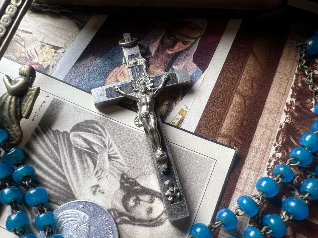 アンティーク　合金と黒檀のメメントモリクロス　20世紀前半