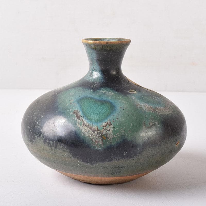 尾張瀬戸焼　加藤宇助作　黒緑釉　壷　書付時代箱　V　R8352