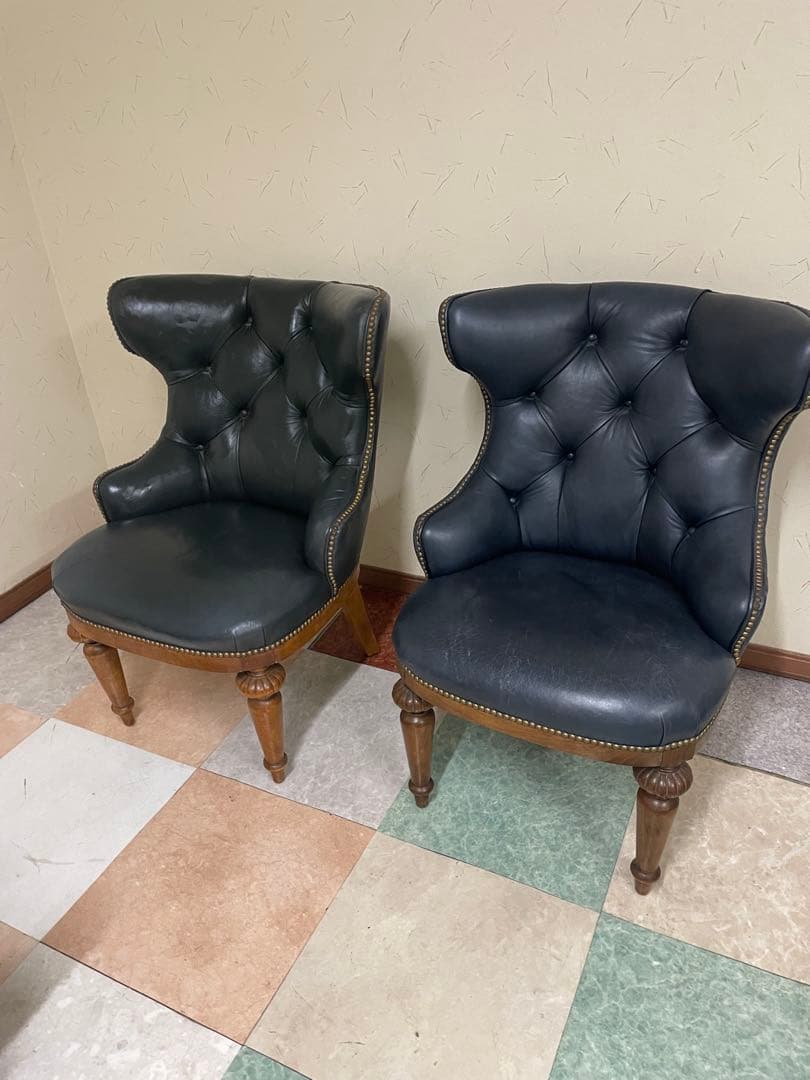 ダークブルー レザー クラシックチェア 2脚セット